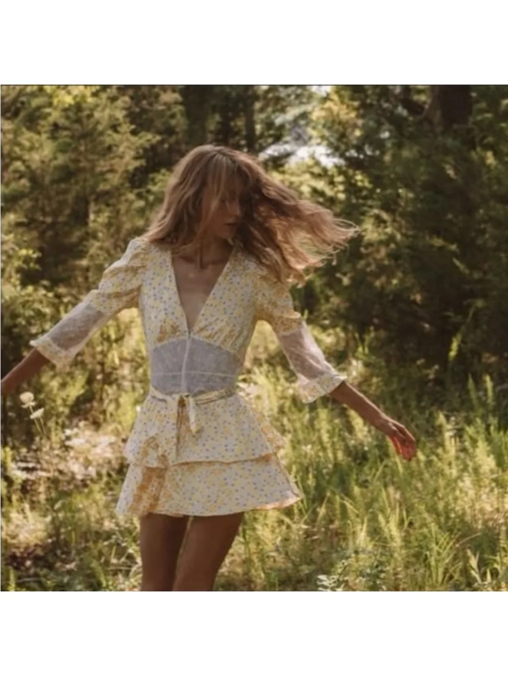 NWOT For Love & Lemons Daffodil Yellow Floral Lace Belted Mini Dress Size Large - Picture 2 of 16